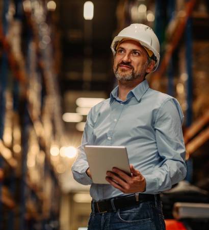Manager with safety helmet holding digital tablet in warehouse